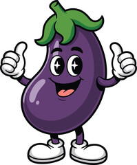 Fototapeta premium Happy cartoon eggplant mascot giving thumbs up gesture isolated