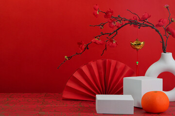 Background with Red Decor and Oranges for Lunar New Year Celebration