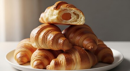 Pile of freshly baked croissants on a white plate offering a delicious breakfast or snack with golden crispy layers