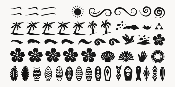 Collection of black silhouette hawaiian and tropical themed design elements