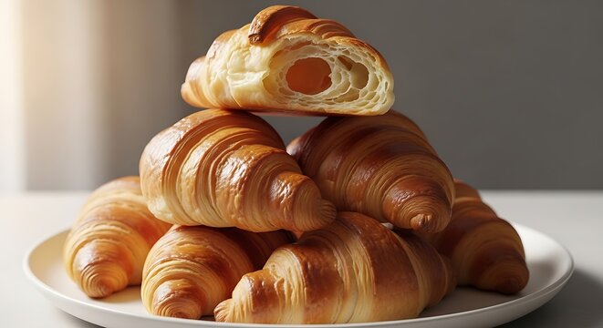 Pile of freshly baked croissants on a white plate offering a delicious breakfast or snack with golden crispy layers - Powered by Adobe