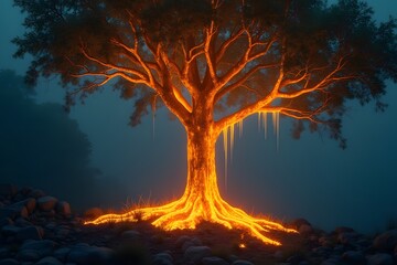 A tree dripping glowing liquid from its branches.