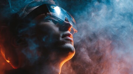 Futuristic visionary exploring virtual reality landscapes with advanced VR headset in immersive digital world full of light and smoke