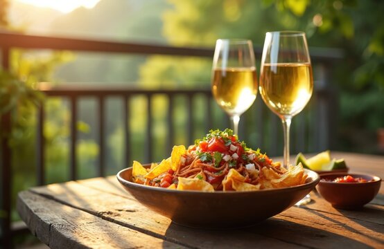 Loaded nachos with tomatoes and cheese sit near two glasses of white wine on a rustic wooden table. Fresh lime wedges and salsa complete this perfect outdoor meal.
