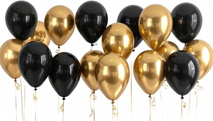 Black and gold balloon cluster against a white background