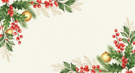 Christmas frame with holly leaves, red berries, golden ornaments on a beige background, creating a festive and elegant border for holiday greetings