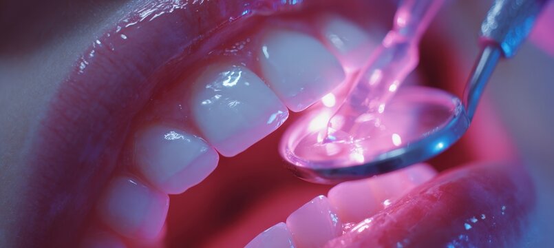 Macro Shot of Tooth Whitening with Ultraviolet Light in Futuristic Dental Technology