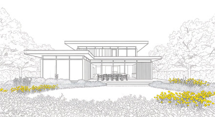 Modern house sketch with yellow flowers isolated on white background architectural design with a focus on clean lines and natural light, creating a serene living space