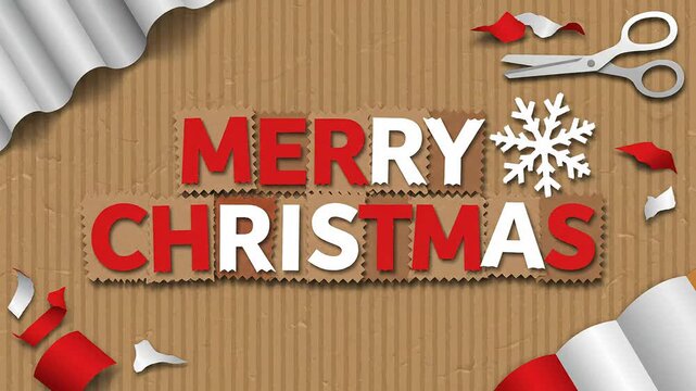 Merry christmas layered papercraft text message on corrugated cardboard background for seasonal greeting card design