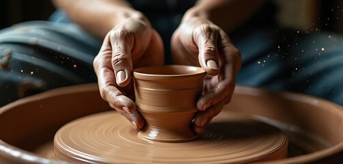 Hands shape clay on spinning wheel. Skilled potter crafts ceramic vessel using traditional pottery technique. Focus on creation and craftsmanship in a studio setting.