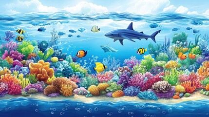 Underwater Coral Reef Scene with Tropical Fish and Sharks