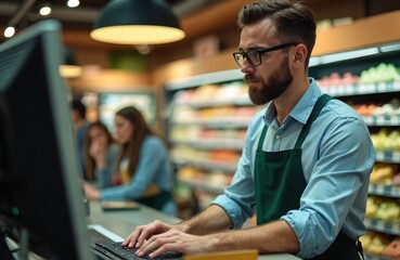 Fototapeta premium Man with glasses and beard works at grocery store checkout. He wears an apron and types on a keyboard near produce shelves. Customers wait in line behind him.