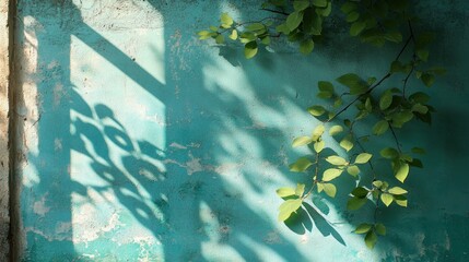 Sunlit Green Leaves and Shadows on a Vibrant Teal Textured Wall