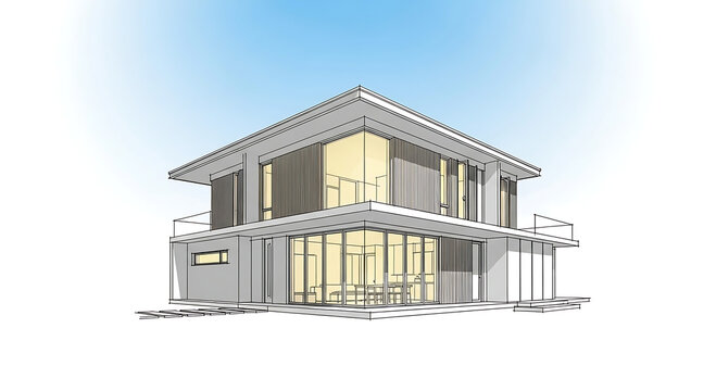 Architectural sketch of a modern house with large windows and a flat roof, isolated on white background, showcasing a minimalist design approach and clean lines