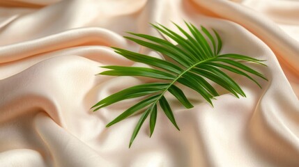 Green Palm Leaf on Elegant Beige Silk Fabric with Soft Folds and Texture