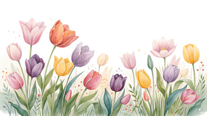 Tulip field watercolor illustration. Spring flowers background isolated PNG.