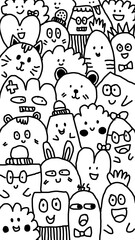 Playful Crowd of Cute Doodle Characters Hand Drawn