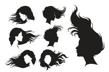 Vector illustration of female silhouettes with flowing hair in different styles.