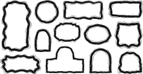Wavy edge shapes frame box vector illustration isolated on white. Squiggle curve doodle rectangle and oval sketch.