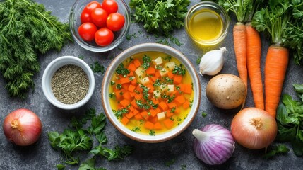 Fresh Ingredients and Wholesome Vegetable Soup on Dark Background
