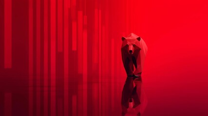 Low poly red geometric bear walking across reflective floor with vertical light bars and abstract reflection creating dramatic futuristic mood - Powered by Adobe