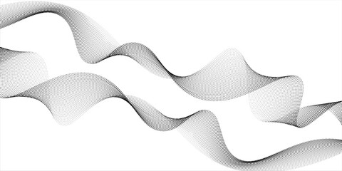 Dotted wave line background. Black halftone undulate pattern. Abstract particle flow wave wallpaper. Curved dashed gradient net design element for poser, banner, presentation, booklet, flyer. Vector