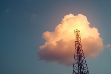 A metal tower bending slightly toward a glowing cloud.