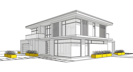 Architectural design sketch of a modern twostory house with large windows and a flat roof, isolated on white background the house is surrounded by greenery