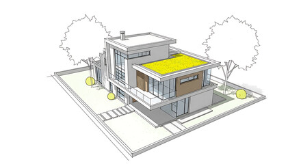 Obraz premium Architectural sketch of a modern house with a unique design isolated on white background, featuring a flat roof, large windows, and a minimalist aesthetic