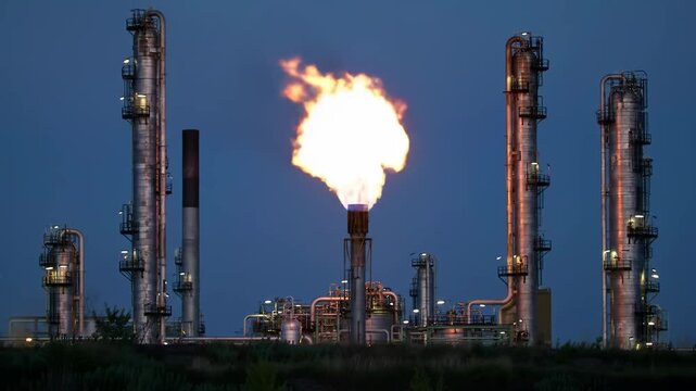 Oil refinery at dusk, flare stack emitting fire under a night sky, for industrial imagery