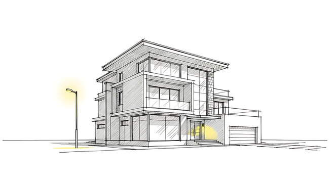 Architectural sketch of a modern twostory house with large windows and a flat roof, isolated on white background the house has a garage and a street light