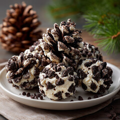 Festive Edible Chocolate Pinecone Desserts with Powdered Sugar Snow and Chocolate Chip Truffles on a Plate