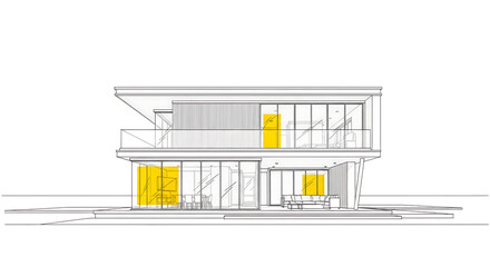 Architectural visualization of a modern twostory house with a flat roof and large windows, showcasing a minimalist design isolated on white background