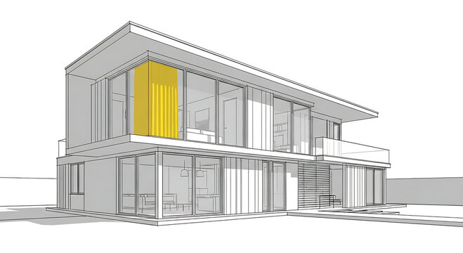 Architectural visualization of a modern twostory house with large windows and a flat roof, showcasing a minimalist design isolated on white background