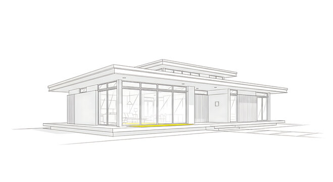 Low angle view of a modern house with a flat roof and large windows, showcasing a minimalist design isolated on white background architectural visualization