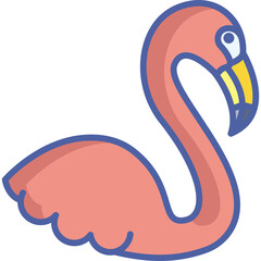 Simple cartoon illustration of a pink flamingo with a blue outline and yellow beak on a transparent background