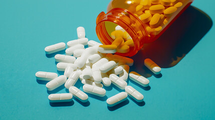 White Capsules and Orange Pill Bottle on Blue Background. Pharmaceutical and Healthcare Concept