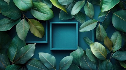 Vibrant Green Foliage Elegantly Framing Textured Teal Geometric Shapes