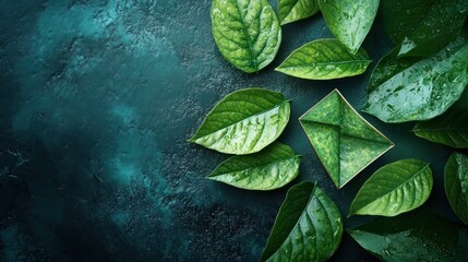 Fresh Green Leaves and Abstract Origami Element with Water Droplets on Teal Background