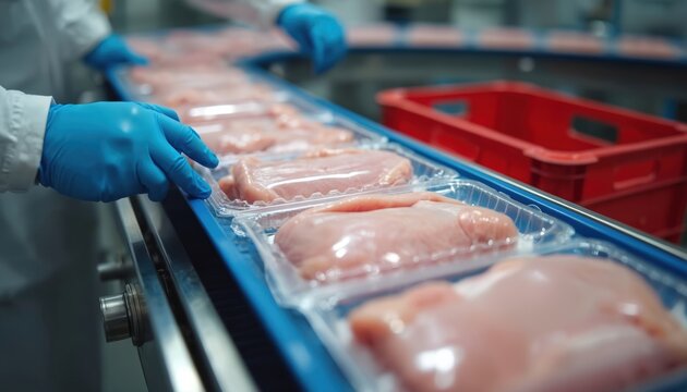 Food factory workers package raw chicken breasts on conveyor belt. Meat products in plastic containers move along assembly line in industrial facility. Fresh protein prepared for sale, distribution.