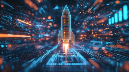 Quantum computing interface with a simulated rocket trajectory, next-gen tech lab, medium shot, futuristic tone, Vivid