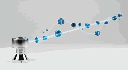 A futuristic 3D render of a metallic object emitting blue neon-lit geometric shapes and lines on a gray background. Perfect for technology, presentations, and infographics.