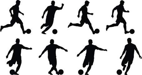 Athletes Dribbling, Passing, and Kicking the Ball in Dynamic Action Poses for Soccer Game Vector.
