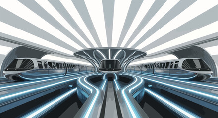 A futuristic 3D render of a sleek, neon-lit tunnel with a vektor-inspired design and aksen neon accents, set against a white background with grey stripes. Perfect for sci-fi movies,