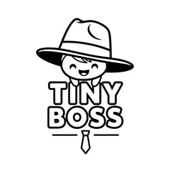 Adorable smiling tiny boss character with a big fedora hat.