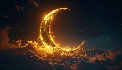 A luminous crescent moon shines brightly against a star-filled sky, appearing above golden-lit clouds. The image is dramatic
