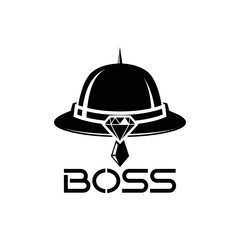 Black and white illustration of a hat with a diamond pendant and the word BOSS underneath.