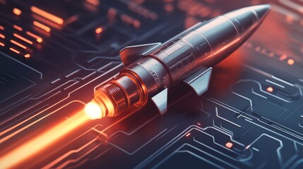 Quantum computing interface with a simulated rocket trajectory, next-gen tech lab, medium shot, futuristic tone, Vivid