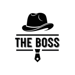 Monochrome Emblem Featuring a Fedora Hat, The Boss Text, and a Tie Icon.