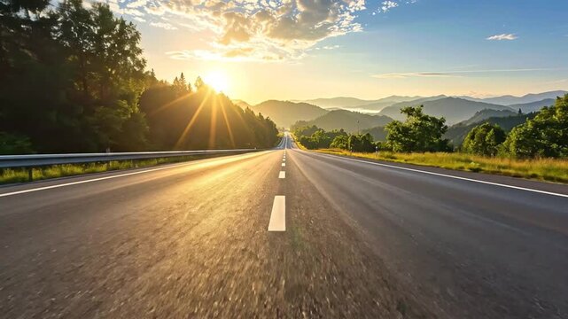 A Journey's Beginning: A Road to the Horizon with a Sunrise